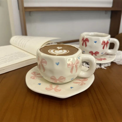 300ML Hand Painted Coffee Mug with Saucer Ceramic Handmade Tea Cup Saucer Set Lovely Gift Irregular Coffee Mug