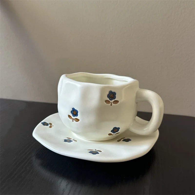 300ML Hand Painted Coffee Mug with Saucer Ceramic Handmade Tea Cup Saucer Set Lovely Gift Irregular Coffee Mug