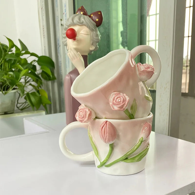 Creative Pink Cub Relief Tulip Flower Ceramic Coffee Cup Girl Gift Flower Mug Office Teacup Breakfast Milk Mug Home Decoration