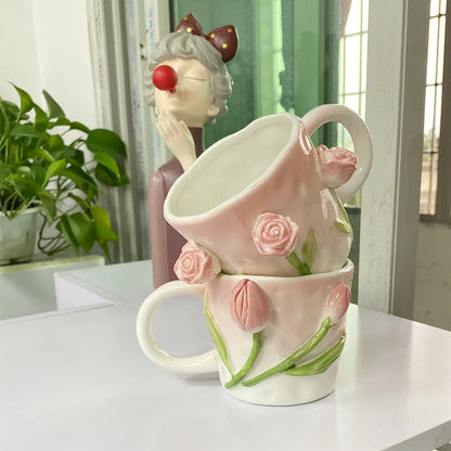 Creative Pink Cub Relief Tulip Flower Ceramic Coffee Cup Girl Gift Flower Mug Office Teacup Breakfast Milk Mug Home Decoration