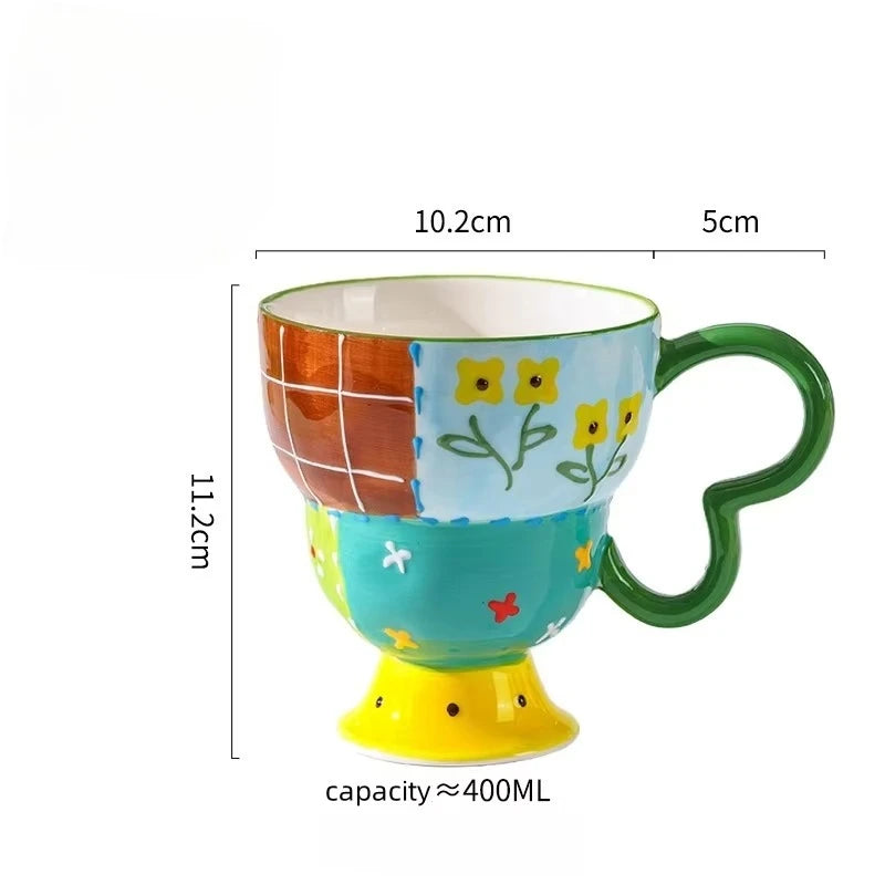 Cute Ceramic Mug Hand Painted Relief Coffee Cup Elegant Chic Mug Milk Oatmeal Matcha Water Cup Kitchen Accessory Drinkware Gift