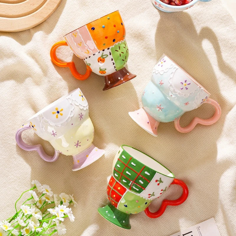 Cute Ceramic Mug Hand Painted Relief Coffee Cup Elegant Chic Mug Milk Oatmeal Matcha Water Cup Kitchen Accessory Drinkware Gift
