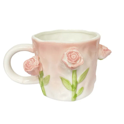 Creative Pink Cub Relief Tulip Flower Ceramic Coffee Cup Girl Gift Flower Mug Office Teacup Breakfast Milk Mug Home Decoration