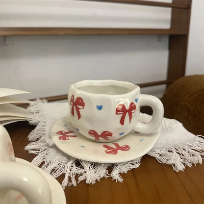 300ML Hand Painted Coffee Mug with Saucer Ceramic Handmade Tea Cup Saucer Set Lovely Gift Irregular Coffee Mug