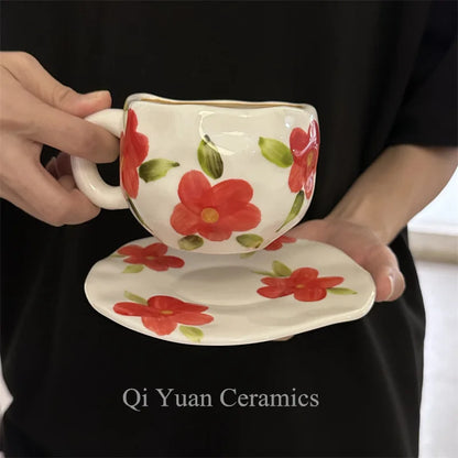 300ML Hand Painted Coffee Mug with Saucer Ceramic Handmade Tea Cup Saucer Set Lovely Gift Irregular Coffee Mug
