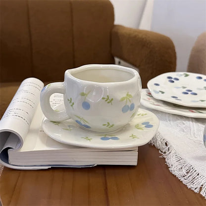 300ML Hand Painted Coffee Mug with Saucer Ceramic Handmade Tea Cup Saucer Set Lovely Gift Irregular Coffee Mug