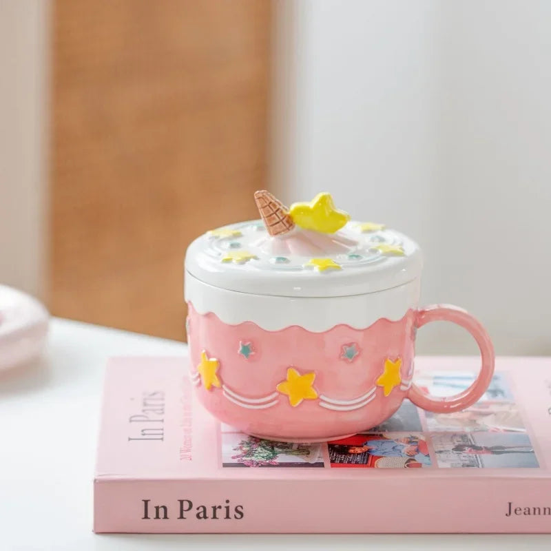 430ml Ceramic Coffee Mug Creative Cute Cake Embossed Pattern Water Cup Large Capacity with Cover Home Office Juice Mugs Gift
