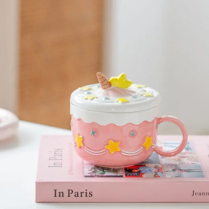 430ml Ceramic Coffee Mug Creative Cute Cake Embossed Pattern Water Cup Large Capacity with Cover Home Office Juice Mugs Gift