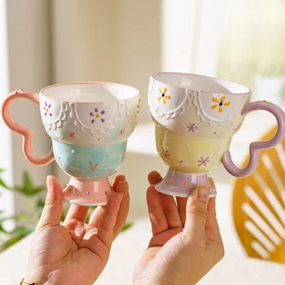 Cute Ceramic Mug Hand Painted Relief Coffee Cup Elegant Chic Mug Milk Oatmeal Matcha Water Cup Kitchen Accessory Drinkware Gift