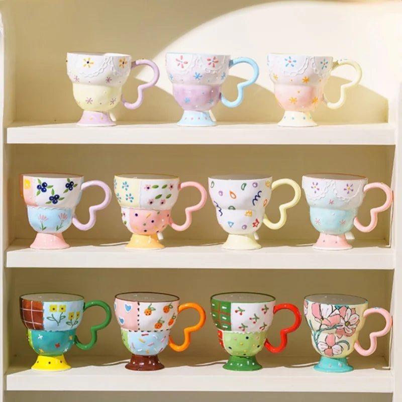 Cute Ceramic Mug Hand Painted Relief Coffee Cup Elegant Chic Mug Milk Oatmeal Matcha Water Cup Kitchen Accessory Drinkware Gift