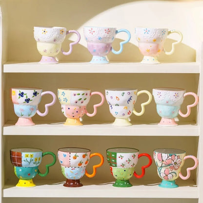 Cute Ceramic Mug Hand Painted Relief Coffee Cup Elegant Chic Mug Milk Oatmeal Matcha Water Cup Kitchen Accessory Drinkware Gift
