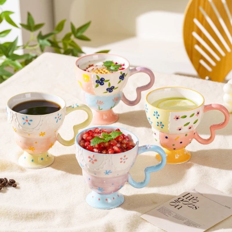 Cute Ceramic Mug Hand Painted Relief Coffee Cup Elegant Chic Mug Milk Oatmeal Matcha Water Cup Kitchen Accessory Drinkware Gift