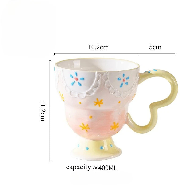 Cute Ceramic Mug Hand Painted Relief Coffee Cup Elegant Chic Mug Milk Oatmeal Matcha Water Cup Kitchen Accessory Drinkware Gift