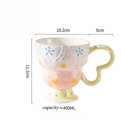 Cute Ceramic Mug Hand Painted Relief Coffee Cup Elegant Chic Mug Milk Oatmeal Matcha Water Cup Kitchen Accessory Drinkware Gift