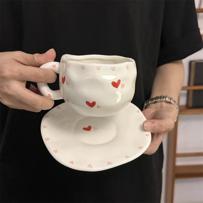 300ML Hand Painted Coffee Mug with Saucer Ceramic Handmade Tea Cup Saucer Set Lovely Gift Irregular Coffee Mug