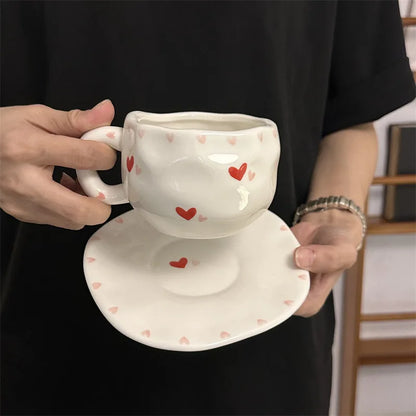 300ML Hand Painted Coffee Mug with Saucer Ceramic Handmade Tea Cup Saucer Set Lovely Gift Irregular Coffee Mug