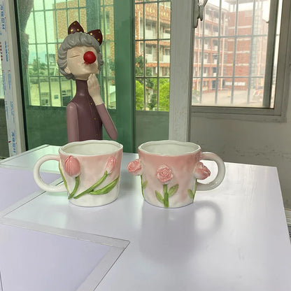 Creative Pink Cub Relief Tulip Flower Ceramic Coffee Cup Girl Gift Flower Mug Office Teacup Breakfast Milk Mug Home Decoration