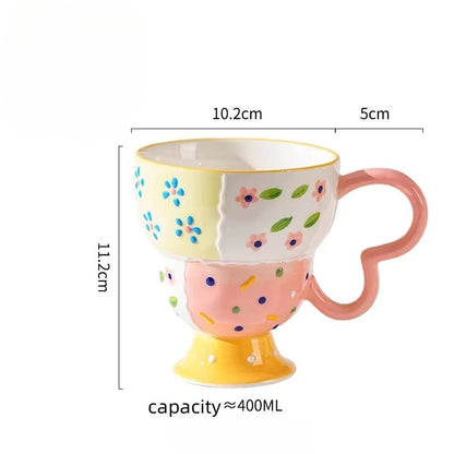 Cute Ceramic Mug Hand Painted Relief Coffee Cup Elegant Chic Mug Milk Oatmeal Matcha Water Cup Kitchen Accessory Drinkware Gift
