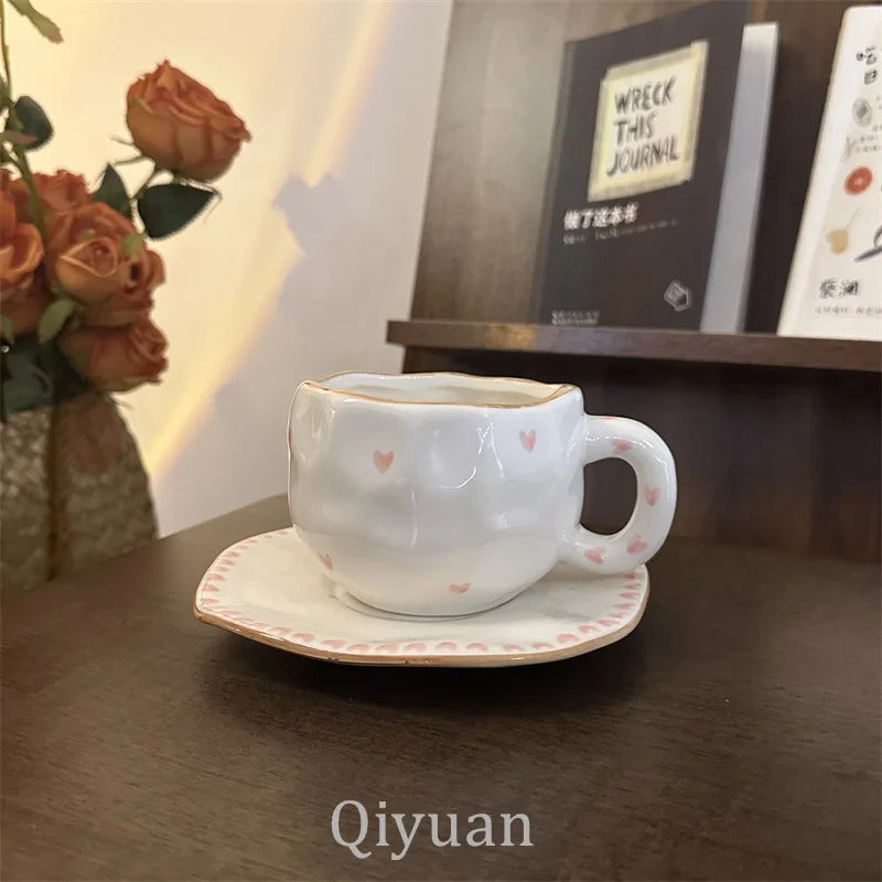 300ML Hand Painted Coffee Mug with Saucer Ceramic Handmade Tea Cup Saucer Set Lovely Gift Irregular Coffee Mug