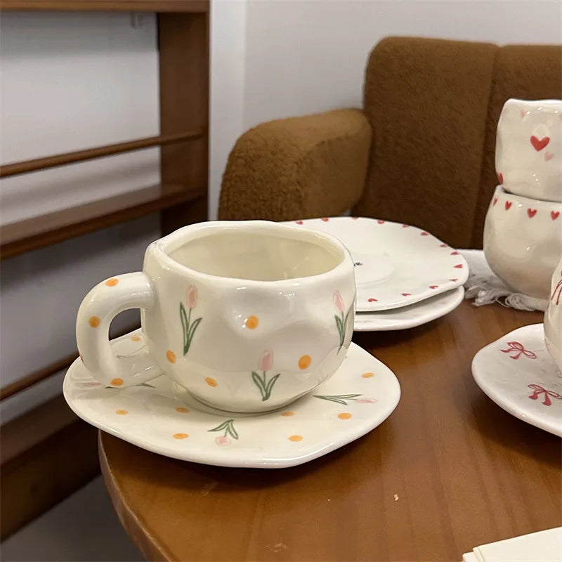 300ML Hand Painted Coffee Mug with Saucer Ceramic Handmade Tea Cup Saucer Set Lovely Gift Irregular Coffee Mug