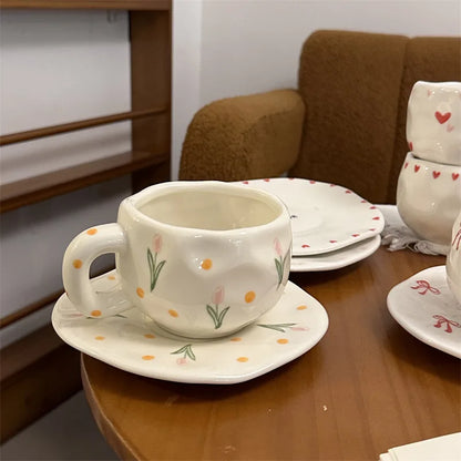 300ML Hand Painted Coffee Mug with Saucer Ceramic Handmade Tea Cup Saucer Set Lovely Gift Irregular Coffee Mug