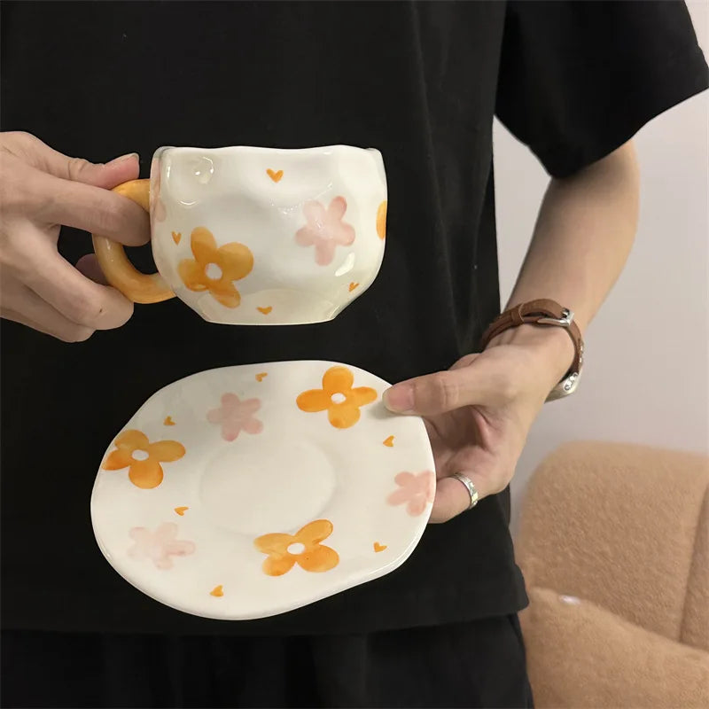 300ML Hand Painted Coffee Mug with Saucer Ceramic Handmade Tea Cup Saucer Set Lovely Gift Irregular Coffee Mug