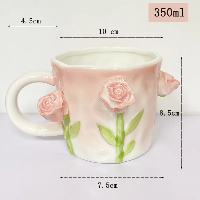 Creative Pink Cub Relief Tulip Flower Ceramic Coffee Cup Girl Gift Flower Mug Office Teacup Breakfast Milk Mug Home Decoration