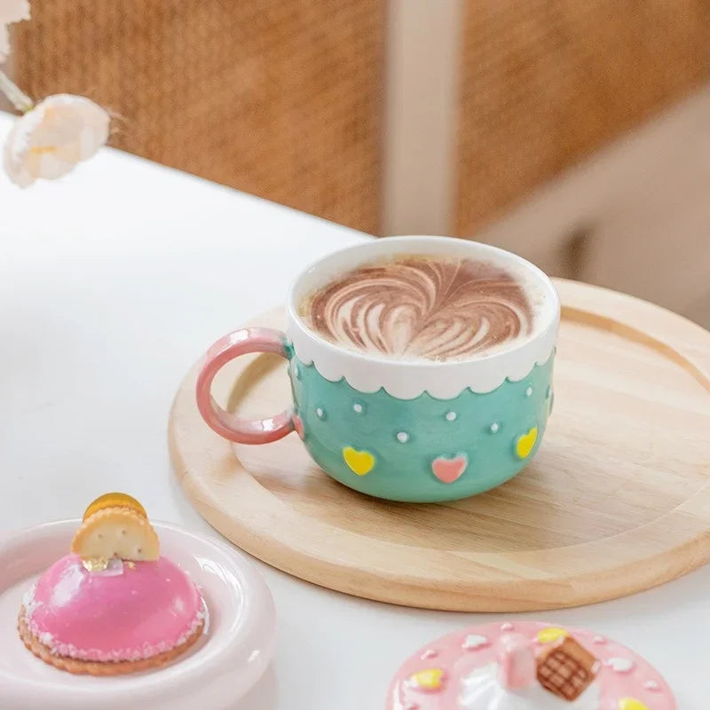 430ml Ceramic Coffee Mug Creative Cute Cake Embossed Pattern Water Cup Large Capacity with Cover Home Office Juice Mugs Gift