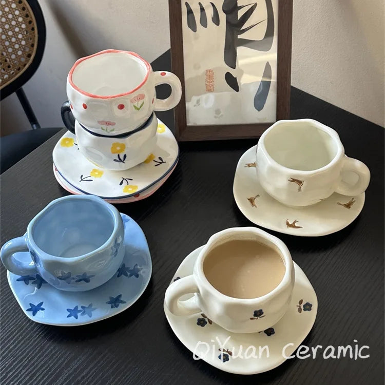 300ML Hand Painted Coffee Mug with Saucer Ceramic Handmade Tea Cup Saucer Set Lovely Gift Irregular Coffee Mug