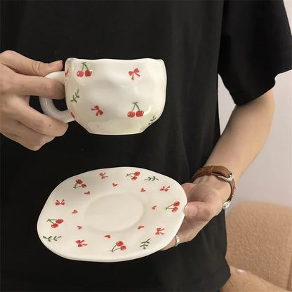 300ML Hand Painted Coffee Mug with Saucer Ceramic Handmade Tea Cup Saucer Set Lovely Gift Irregular Coffee Mug