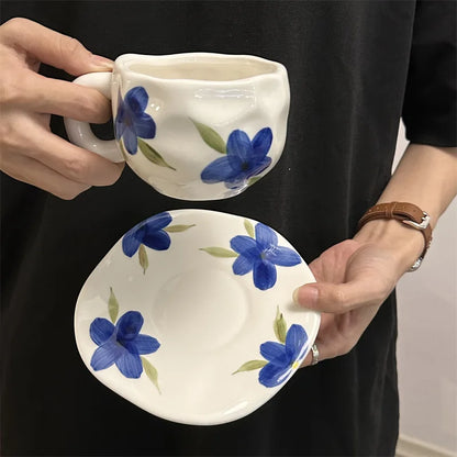 300ML Hand Painted Coffee Mug with Saucer Ceramic Handmade Tea Cup Saucer Set Lovely Gift Irregular Coffee Mug
