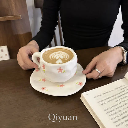 300ML Hand Painted Coffee Mug with Saucer Ceramic Handmade Tea Cup Saucer Set Lovely Gift Irregular Coffee Mug