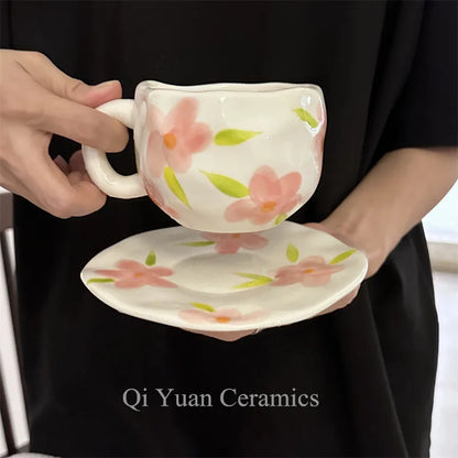 300ML Hand Painted Coffee Mug with Saucer Ceramic Handmade Tea Cup Saucer Set Lovely Gift Irregular Coffee Mug