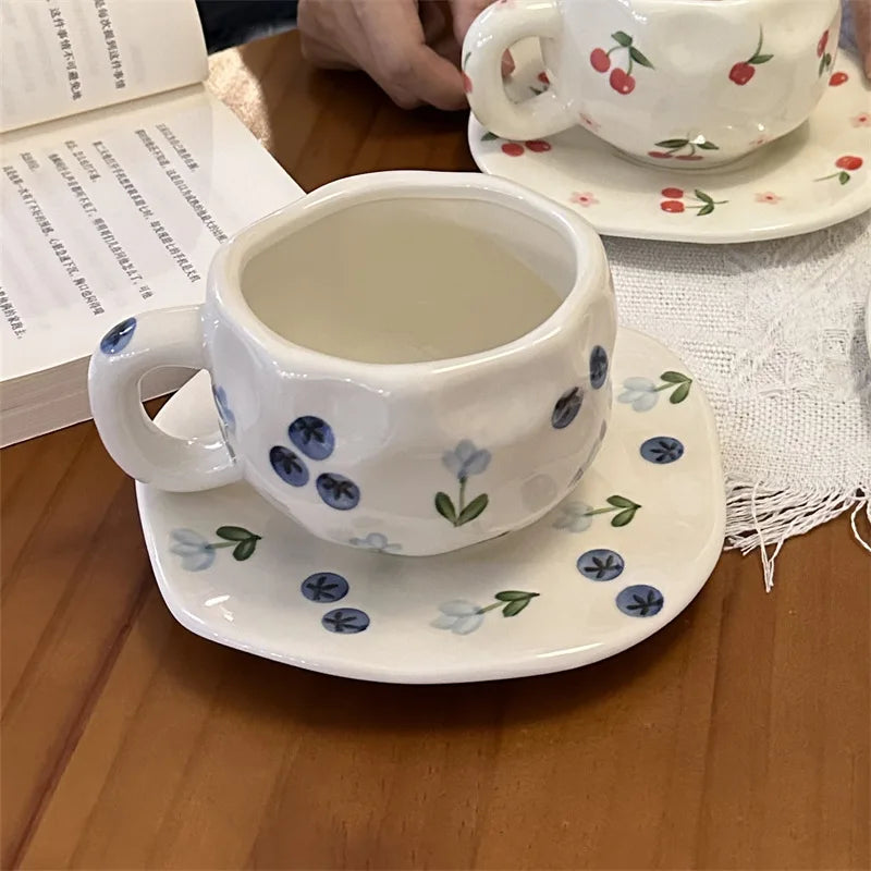 300ML Hand Painted Coffee Mug with Saucer Ceramic Handmade Tea Cup Saucer Set Lovely Gift Irregular Coffee Mug