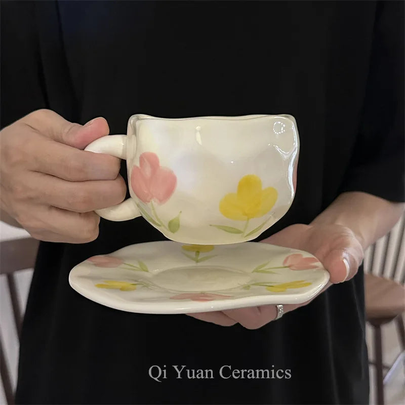 300ML Hand Painted Coffee Mug with Saucer Ceramic Handmade Tea Cup Saucer Set Lovely Gift Irregular Coffee Mug