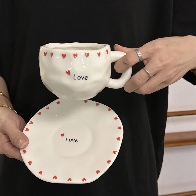 300ML Hand Painted Coffee Mug with Saucer Ceramic Handmade Tea Cup Saucer Set Lovely Gift Irregular Coffee Mug