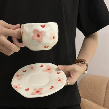 300ML Hand Painted Coffee Mug with Saucer Ceramic Handmade Tea Cup Saucer Set Lovely Gift Irregular Coffee Mug