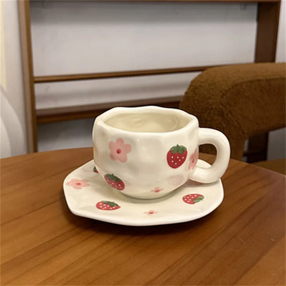 300ML Hand Painted Coffee Mug with Saucer Ceramic Handmade Tea Cup Saucer Set Lovely Gift Irregular Coffee Mug