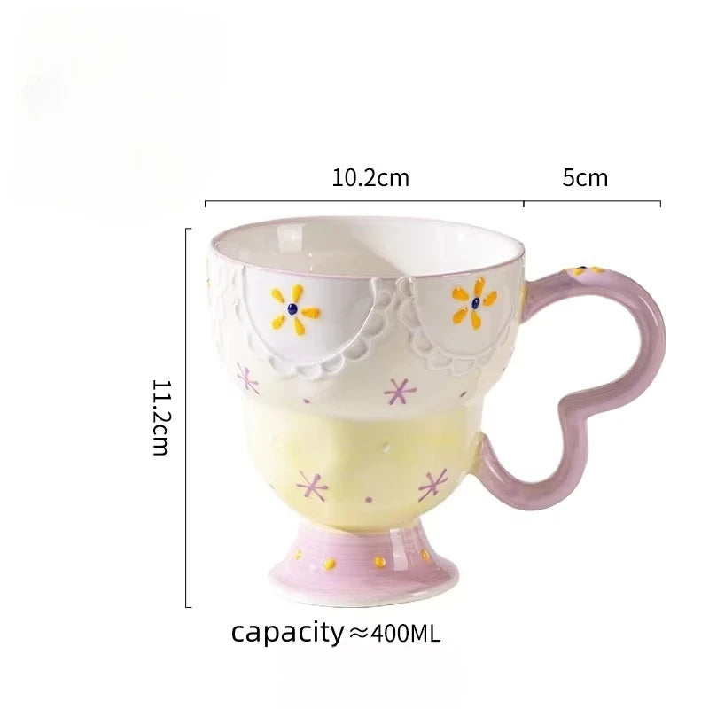Cute Ceramic Mug Hand Painted Relief Coffee Cup Elegant Chic Mug Milk Oatmeal Matcha Water Cup Kitchen Accessory Drinkware Gift
