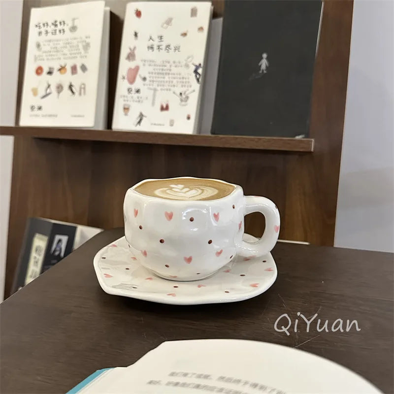 300ML Hand Painted Coffee Mug with Saucer Ceramic Handmade Tea Cup Saucer Set Lovely Gift Irregular Coffee Mug