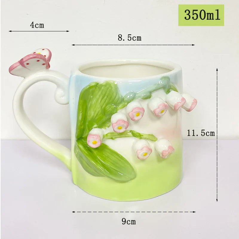 Creative Pink Cub Relief Tulip Flower Ceramic Coffee Cup Girl Gift Flower Mug Office Teacup Breakfast Milk Mug Home Decoration