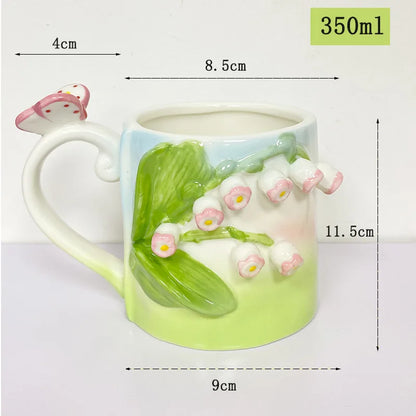 Creative Pink Cub Relief Tulip Flower Ceramic Coffee Cup Girl Gift Flower Mug Office Teacup Breakfast Milk Mug Home Decoration