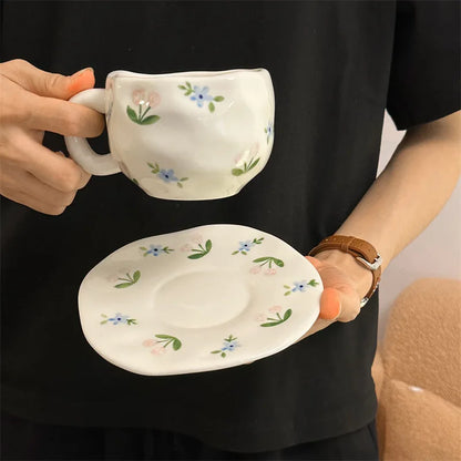 300ML Hand Painted Coffee Mug with Saucer Ceramic Handmade Tea Cup Saucer Set Lovely Gift Irregular Coffee Mug