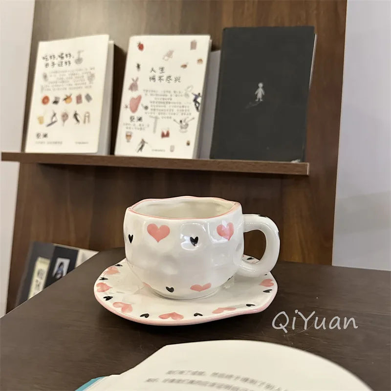 300ML Hand Painted Coffee Mug with Saucer Ceramic Handmade Tea Cup Saucer Set Lovely Gift Irregular Coffee Mug