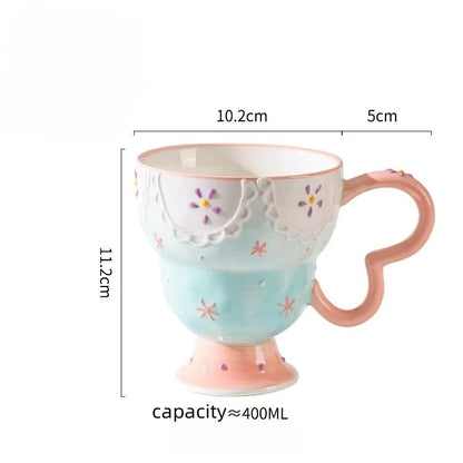 Cute Ceramic Mug Hand Painted Relief Coffee Cup Elegant Chic Mug Milk Oatmeal Matcha Water Cup Kitchen Accessory Drinkware Gift