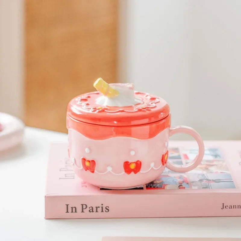 430ml Ceramic Coffee Mug Creative Cute Cake Embossed Pattern Water Cup Large Capacity with Cover Home Office Juice Mugs Gift