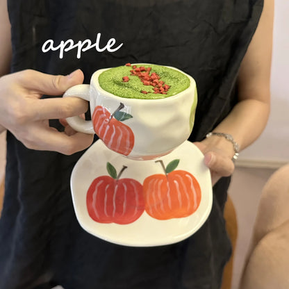 300ML Hand Painted Coffee Mug with Saucer Ceramic Handmade Tea Cup Saucer Set Lovely Gift Irregular Coffee Mug