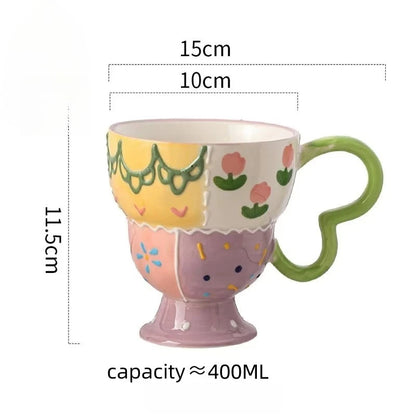 Cute Ceramic Mug Hand Painted Relief Coffee Cup Elegant Chic Mug Milk Oatmeal Matcha Water Cup Kitchen Accessory Drinkware Gift
