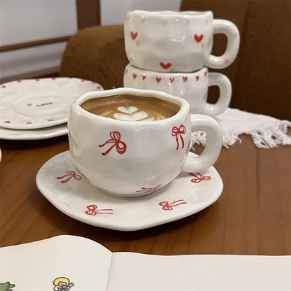 300ML Hand Painted Coffee Mug with Saucer Ceramic Handmade Tea Cup Saucer Set Lovely Gift Irregular Coffee Mug