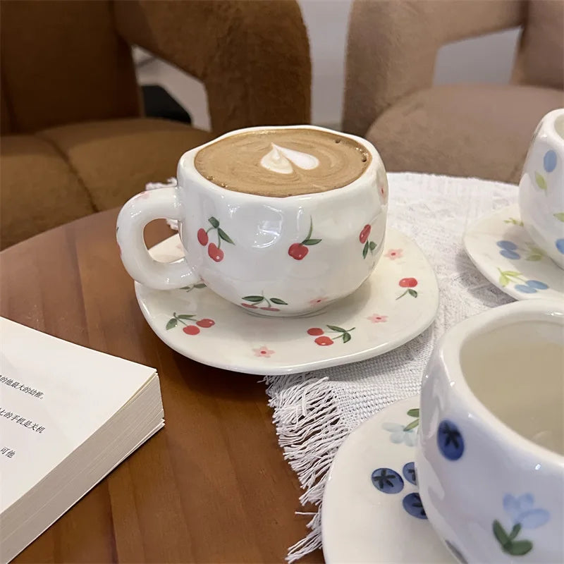 300ML Hand Painted Coffee Mug with Saucer Ceramic Handmade Tea Cup Saucer Set Lovely Gift Irregular Coffee Mug